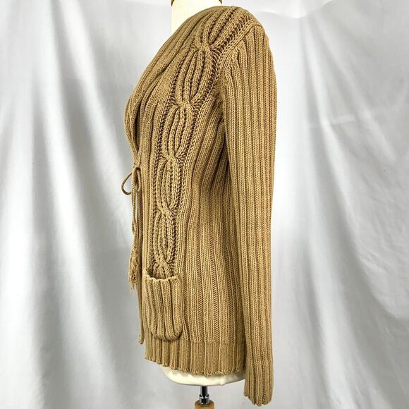 MAX STUDIO Tan Cable Knit Tie Front Cardigan Tassels Womens S Pockets Cabin Soft - Picture 3 of 5
